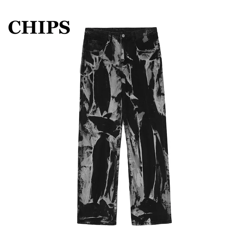 

CHIPS 2022 Men Harajuku Streetwear Hip Hop Jeans Black Print Vintage Straight Jogger Pants Washed Casual Cotton Wide Leg Jeans