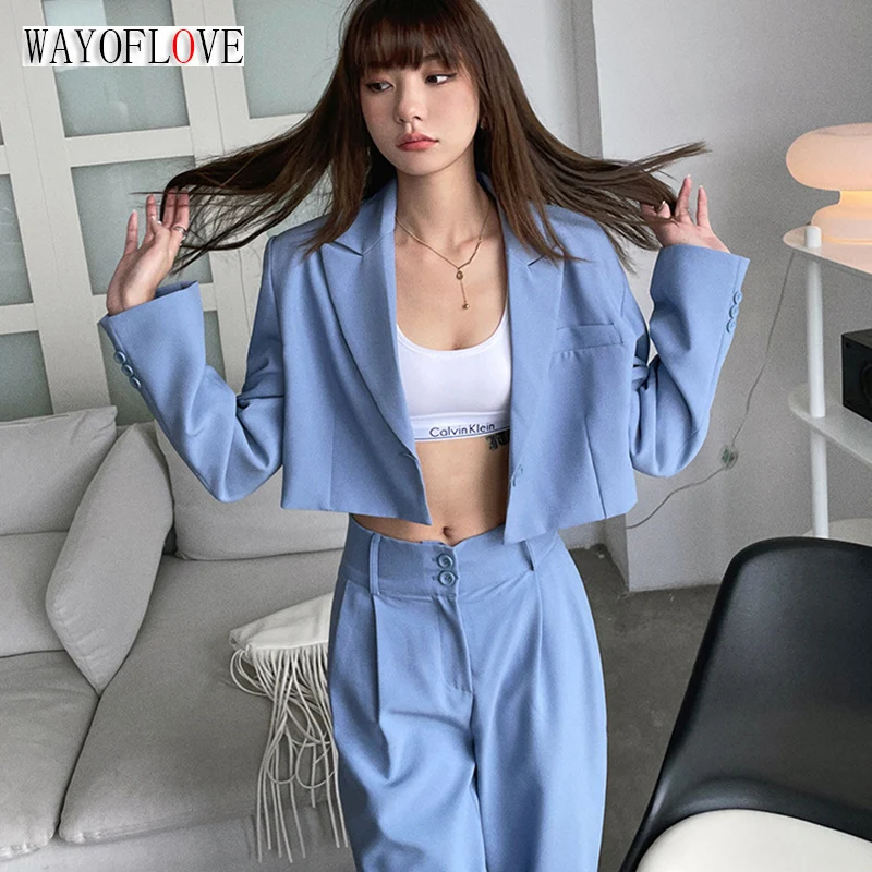

WAYOFLOVE Fashion Women's Blazer Set Casual Solid Short Blazer Top And Slim Long Pants Office Lady Tow Pieces Blazers Sets Woman