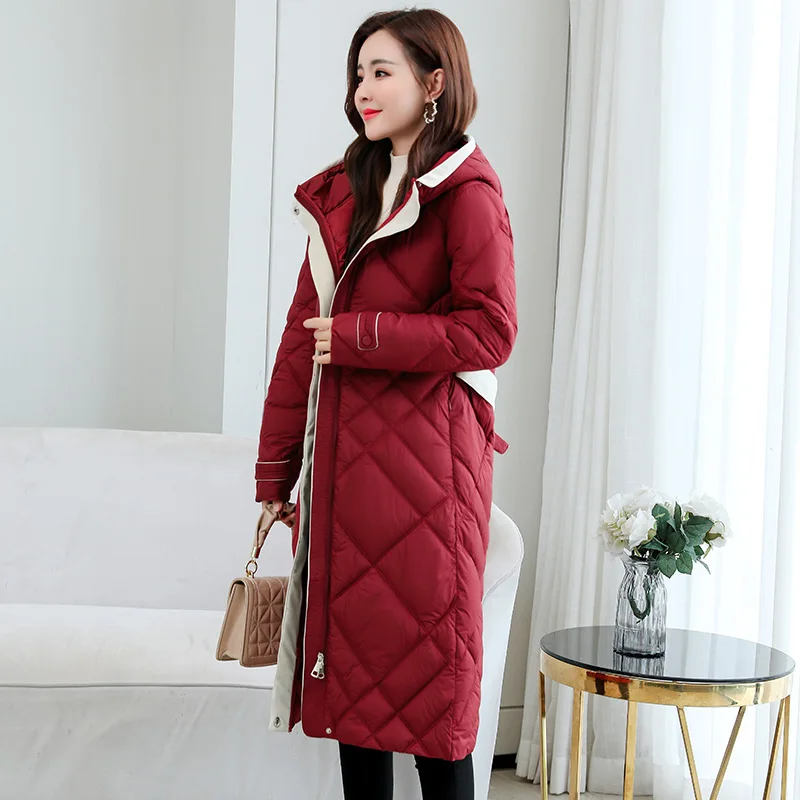 2022 Winter Coat Women Elegant Thick Warm Loose Harajuku Jacket Hooded Solid Long Parka Female Overcoat Outerwear with Belt