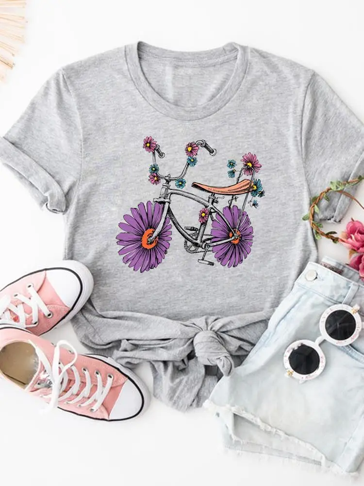 

Bike Flower 90s Fashion Summer Short Sleeve T-shirts Women Cartoon Shirt Clothing Female Print T Top Graphic Tee