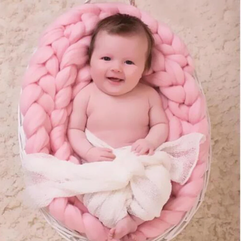 

New Knitted Wool Crochet Kids Blanket Child Photography Props Chunky Knit Blanket Basket Filler