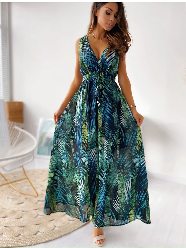 Купи Summer Dress Women 2022 New Fashion Sexy V-Neck Elegant Sleeveless Maxi Vintage Floral Print Beach Party Long Dresses For Robe за 1,019 рублей в магазине AliExpress