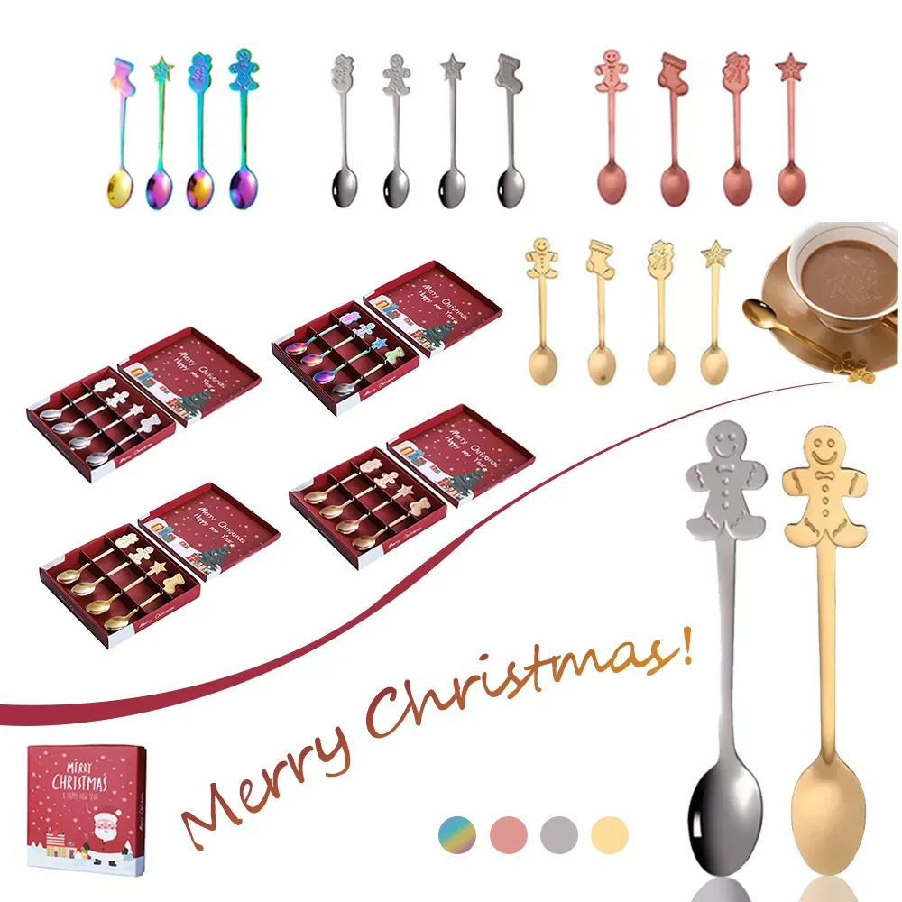 

NEW2023 4pcs/set Stainless Steel Coffee Tea Spoons Tableware Dinnerware Cutlery Dinner Set Navidad Noel New Year 2022 Christmas