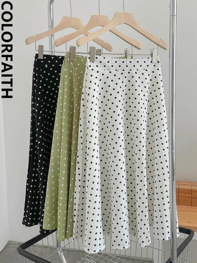 

Colorfaith New 2022 Chic Polka Dot Print Flared Elegant Retro Korean Fashion High Waist Spring Summer Women Long Skirts SK1652JM