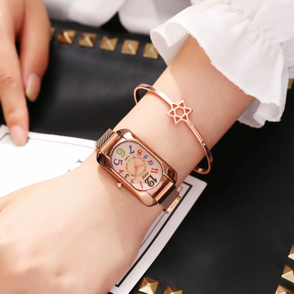 

Luxury Rectangle Woman's Watch Bracelet Set Magnetic Mesh Female Wristwatch Square Dial Lady Designed Clock Zegarek Damski