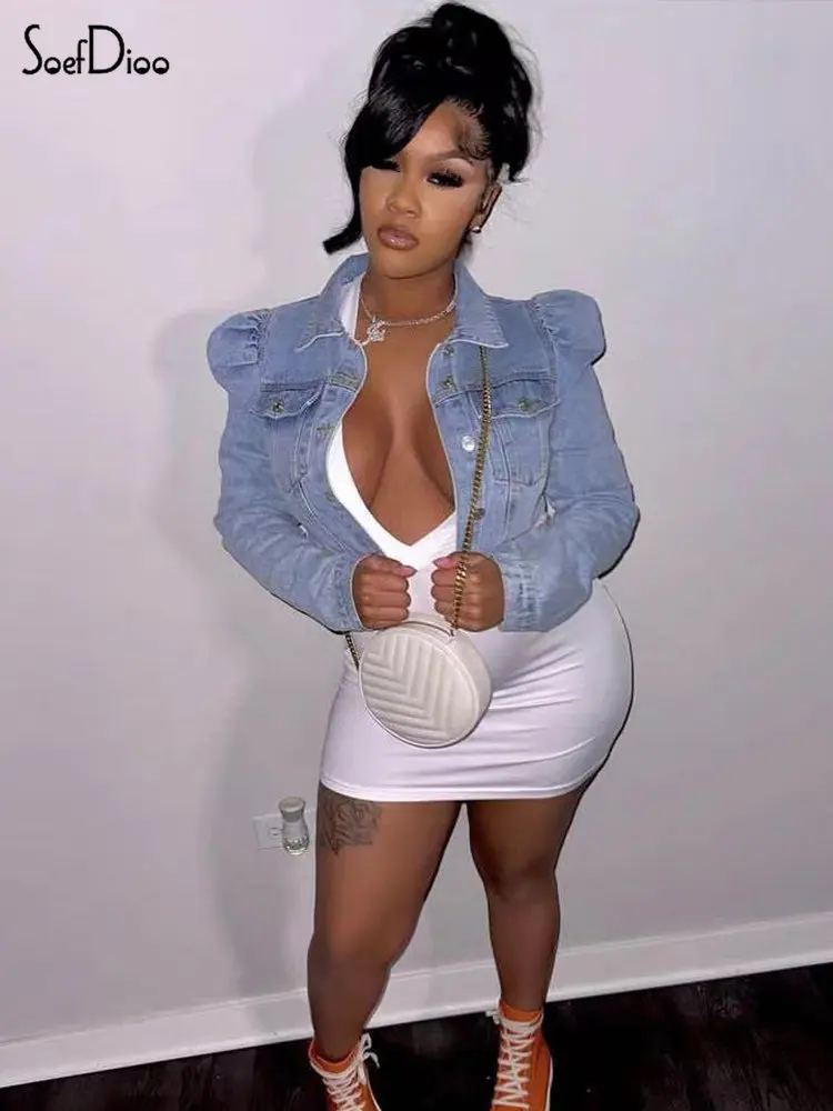 

Женское джинсовое пальто Soefdioo, модный однобортный облегающий укороченный топ, осень 2022, синяя джинсовая куртка с отворотом и длинным рукаво...