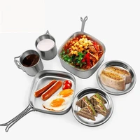 hiking camping equipment cutlery picnic camp cooking stainless steel pot cookware set foldable