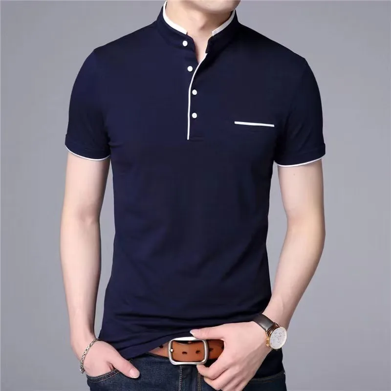 

2022 summer new fashion polo shirt man mandarin collar thin body pure color button breathable leisure men polo clothing