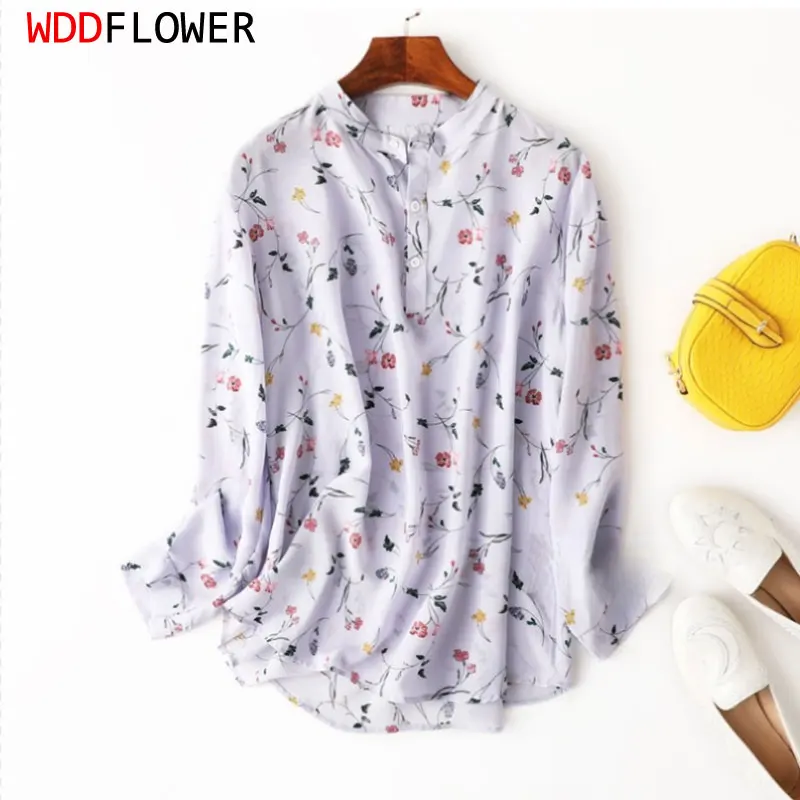

Women Silk Blouse 100% Mulberry Silk Crepe Silk Light Purple Floral Printed Round Neck Long Sleeve Shirt Top MM733
