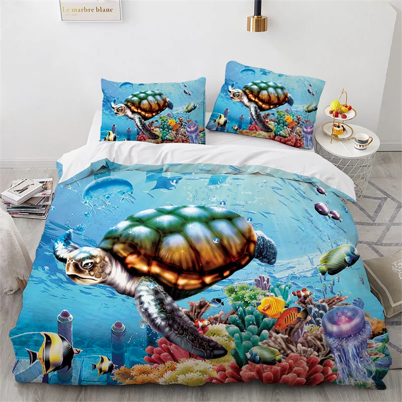 

Ocean Theme Queen Bedding Set For Boys Girls Sea Animal Turtle Duvet Cover Microfiber Dolphin Octopus Conch Starfish Quilt Cover