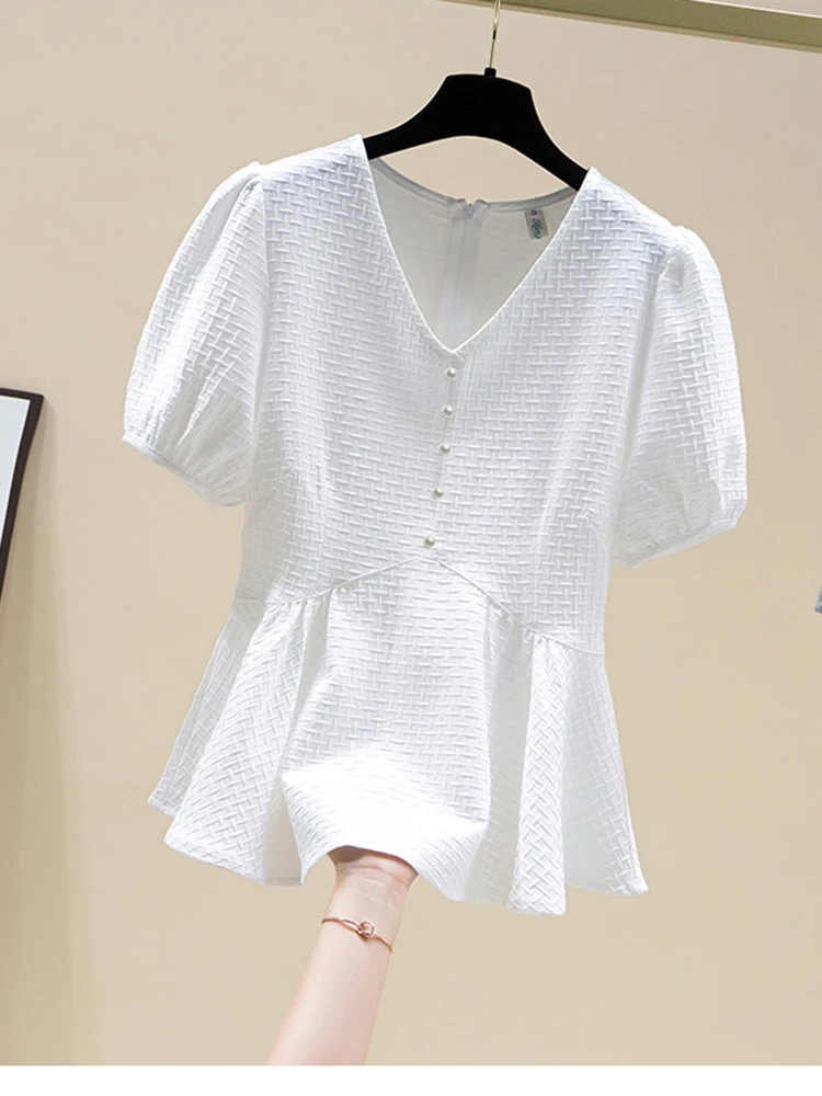 

women summer T-Shirts Covering the belly and waist to show thin bubbles short-sleeved chiffon shirt New short top shirt D3032
