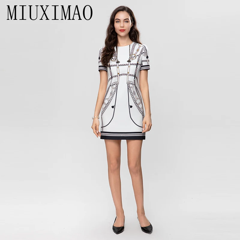 MIUXIMAO 2023 High Quality Spring&Summer Elegant Diamonds Dress Short Sleeve O-Neck  Print Fashion Mini Dress Women Vestides