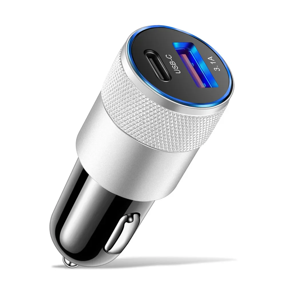 Автомобильное зарядное устройство USB-C + USB из металлического алюминиевого сплава
