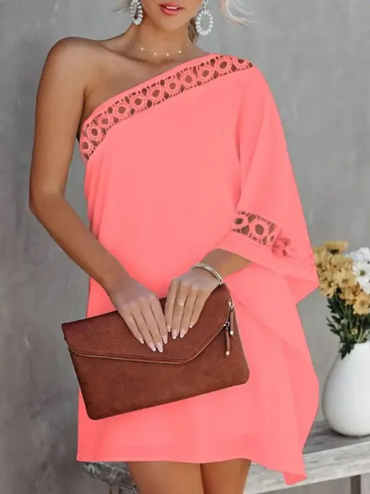 

Solid Color Loose Slash Neck Dress Sexy Hollow Out Lace Patchwork Dresses Summer New Women Batwing Sleeve Party Irregular Dress