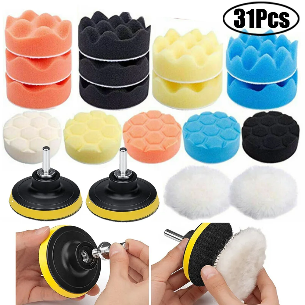 

31 PCS 3 Inch Car Foam Drill Polishing Pad Kit Tool For Car Polisher + M10 Drill Adaptor Sealing Glaze Waxing Buffing Pads Set