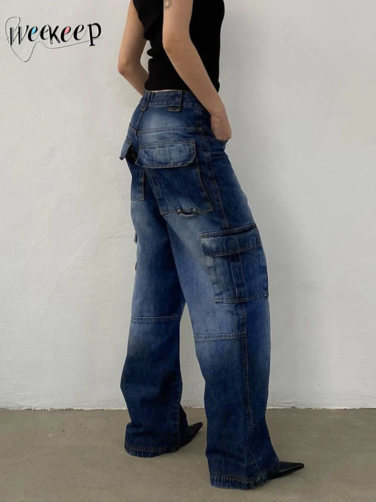 

Weekeep/джинсы в стиле Харадзюку, карго, y2k, винтажные, с несколькими карманами, лоскутные, высокая талия, джинсовые штаны, корейская мода, мешковатые женские штаны