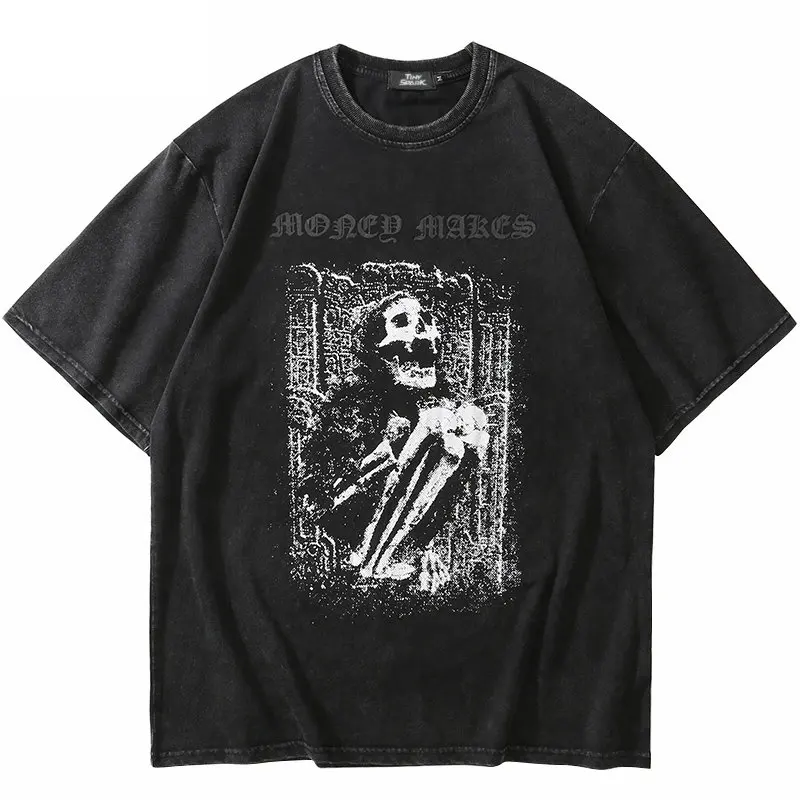 

Hip Hop Washed Oversize T Shirt Men Streetwear Skull Print T-Shirt Harajuku Cotton Loose Tshirt 2022 Summer Short Sleeve Shirt