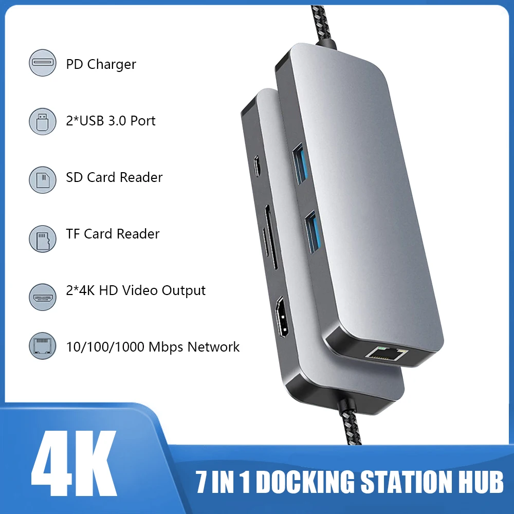 

Док-станция 7 в 1, USB C, 8 портов, 100 Вт, RJ45