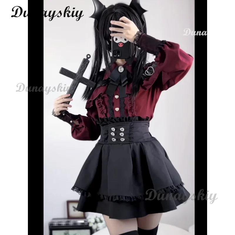 Фото Jirai kei Outfit Lolita Girls Blouse Top Женская рубашка с длинным рукавом Kawii Bow Черные юбки Рубашки Y2K Sweet Japanese Lady Style Set №2