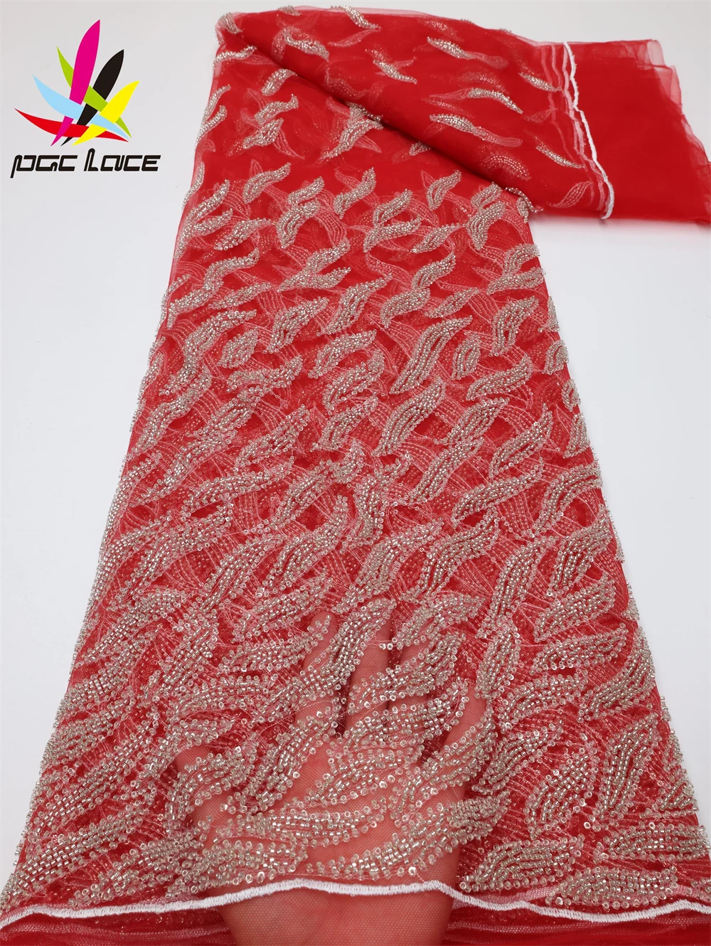 

PGC Red French Tulle Lace Sequins Groom Fabric African Lace Fabric 5Yards Nigerian Lace Fabrics For Wedding Dress Sewing LY645-1