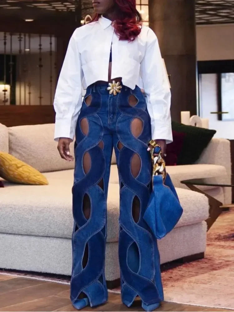 

Женские уличные прямые расклешенные джинсовые брюки с вырезами и перекрещивающимися книзу штанинами 2023 INS модные женские джинсы с широкими штанинами