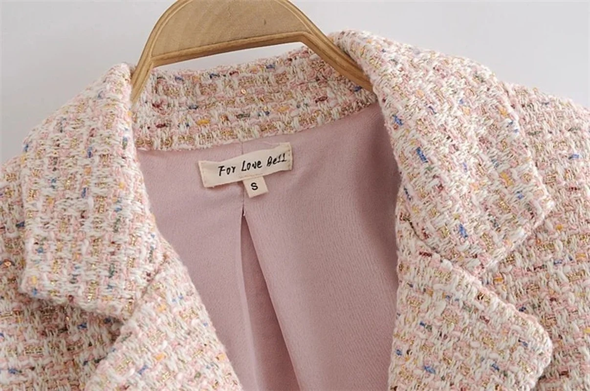 Pink Tweed Short Blazer 2023 Women Sweet Single Button Solid Colors Casual Office Blazer with Button Summer Work Commute Wear