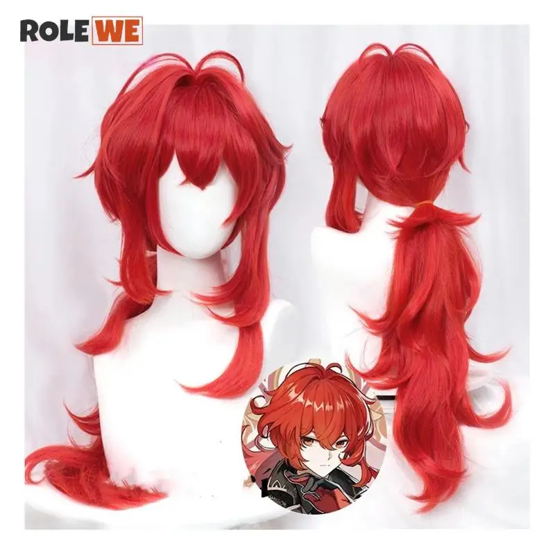 

Genshin Impact Diluc Cosplay Wig 60cm Long Red Ponytail Heat Resistatant Hair Synthetic Anime Cosplay Wigs + Wig Cap