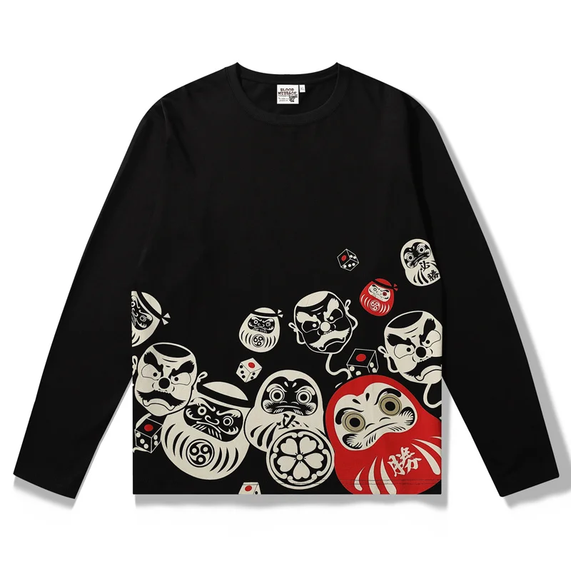 

Футболка мужская с японским принтом дарумы, хлопковая рубашка с длинным рукавом, с татуировкой в стиле хип-хоп, топ с принтом унисекс