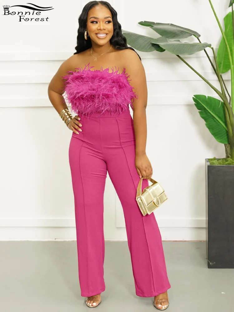 

Bonnie Forest Fashion Furry Crop Top And Wide Legs Pant Set 2 Piece Oufits Fitted Jumpsuits Sexy Outfits Night Club Wear
