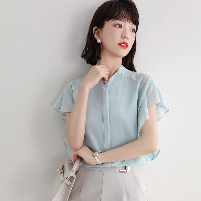 Женская шифоновая блузка с коротким рукавом и воротником-стойкой