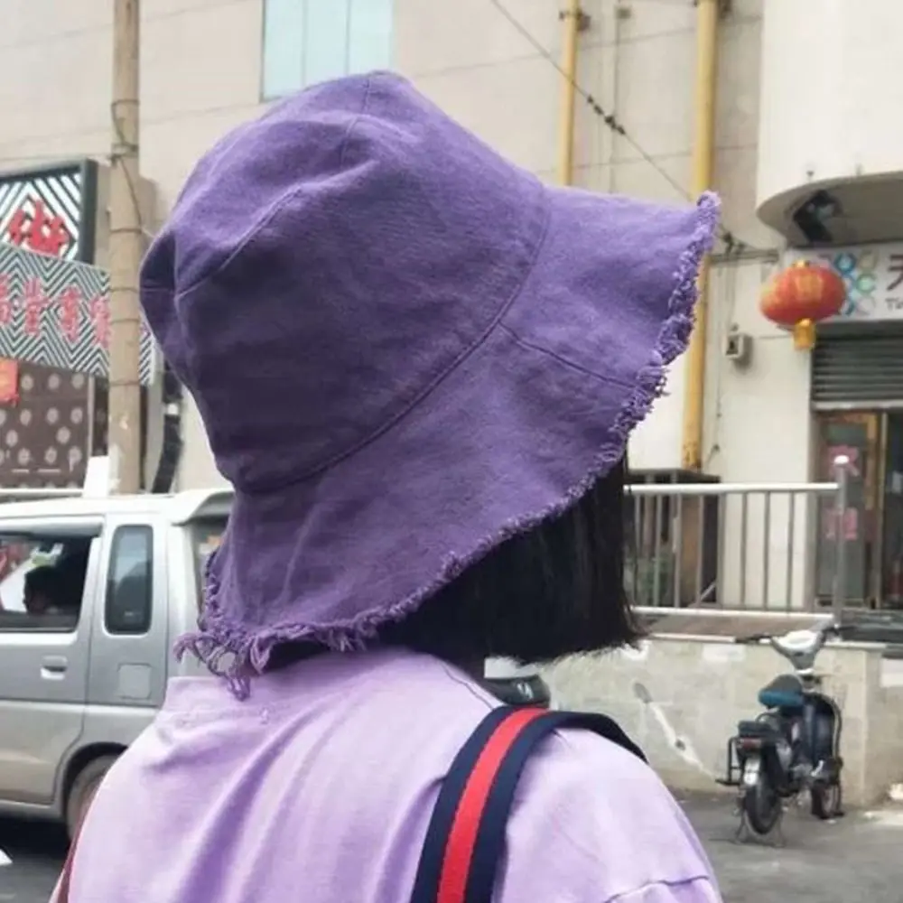

Cotton Bucket Hat Travel Outdoor Big Heads Frayed Beach Hat Oversized UV-Protection Fisherman Hat Women Men