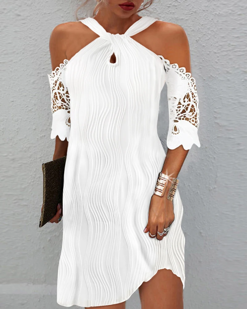 

Summer Women Mini Dress Fashion Half Sleeve Solid Color Contrast Lace Cold Shoulder Textured Casual Dress