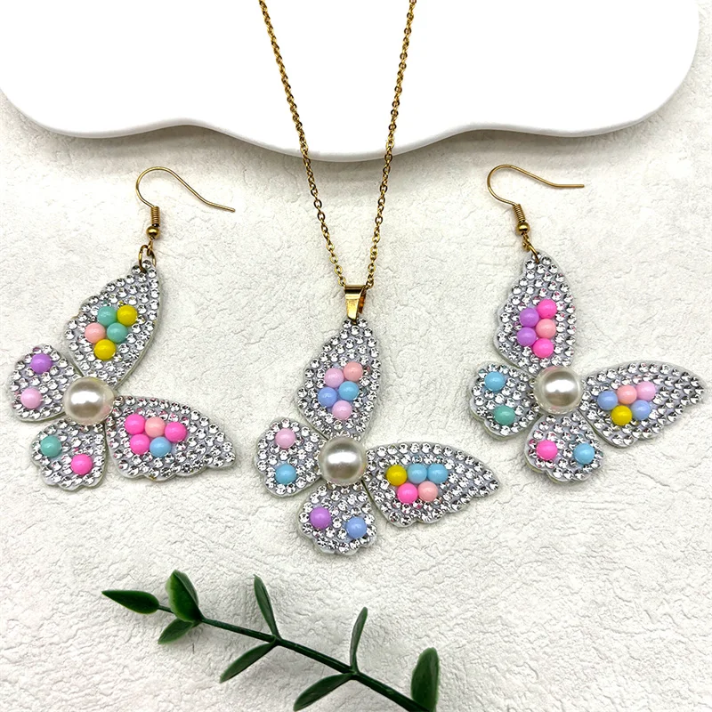 Y2k красочные искусственный жемчуг кристаллы кулон-бабочка ожерелье серьги