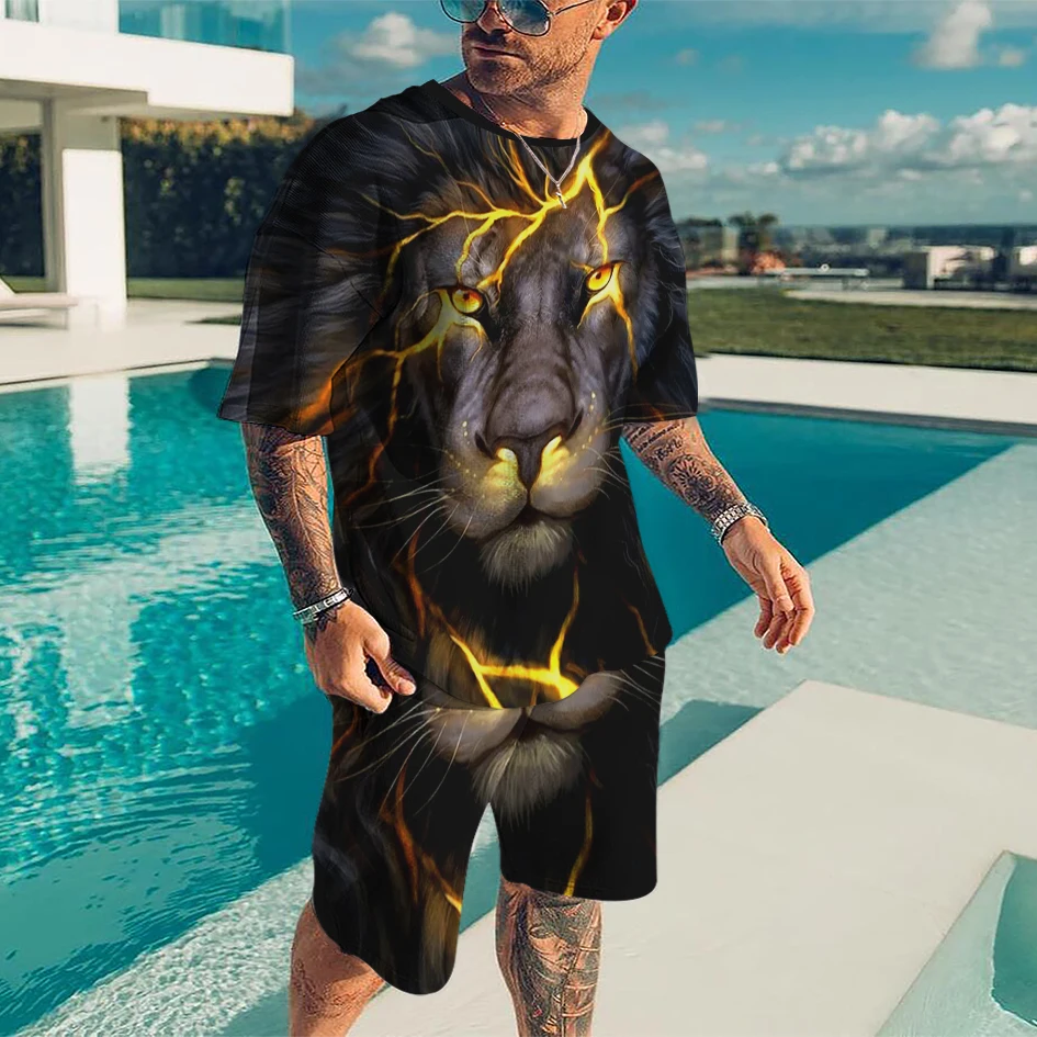 New Hot Selling T-shirt Fashion Suit Lion King Summer Men Suit Sportswear Oversized Clothes 3d Printed T-shirt Shorts Sportswear
