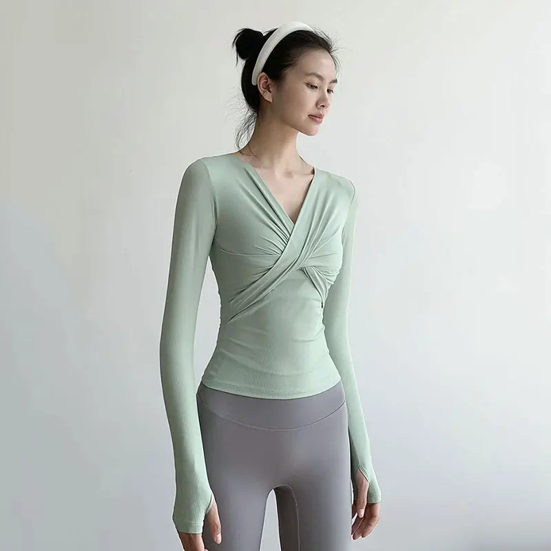 Быстросохнущие женские футболки для йоги с перекрестными длинными рукавами