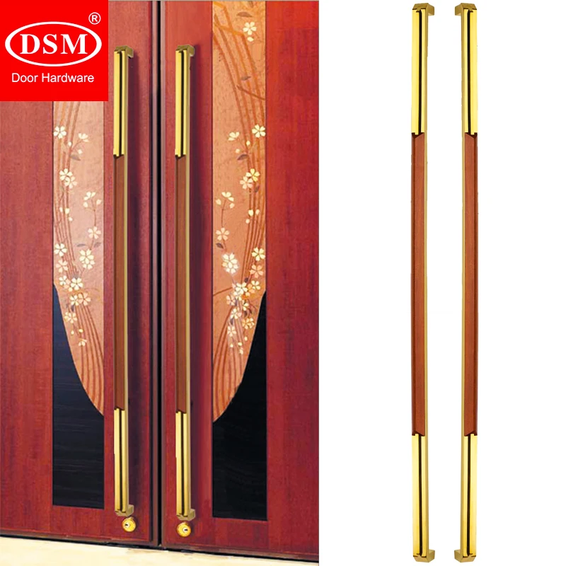 

800mm Gold Specular Entrance Wooden Door Handle SUS304 Stainless Steel Plus Sapele Wood Metal Frame Door Pull Handles PA-229