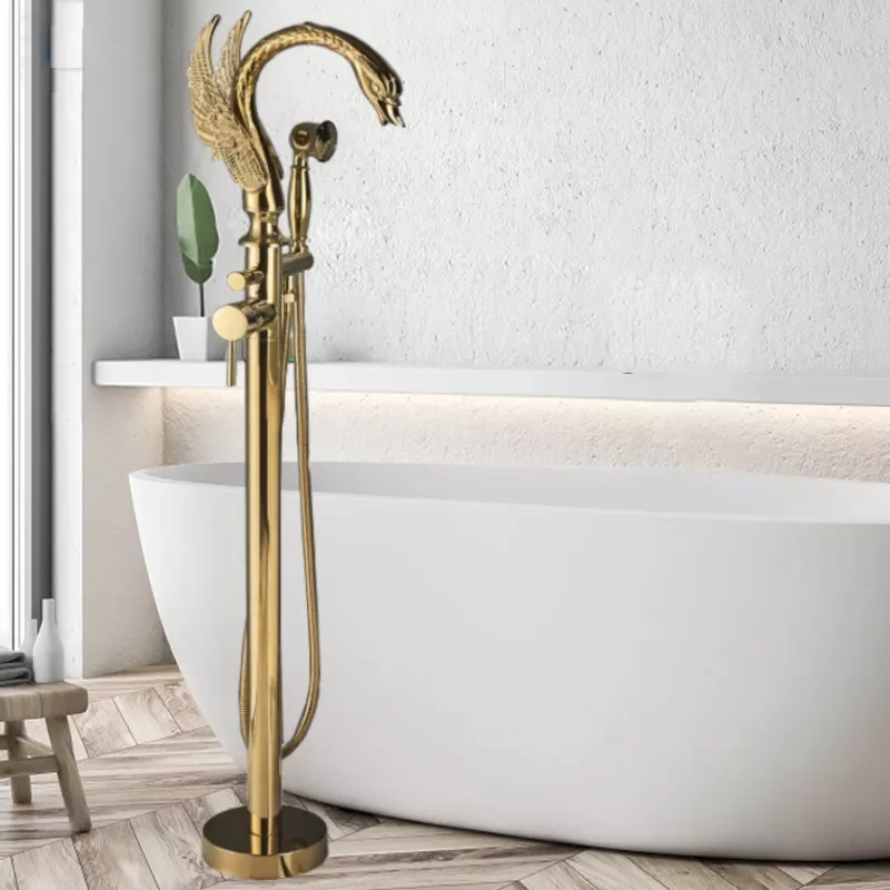 

Luxury Golden Bathtub Faucet Swan 2 features hot and Cold Floor Standing Shower faucet