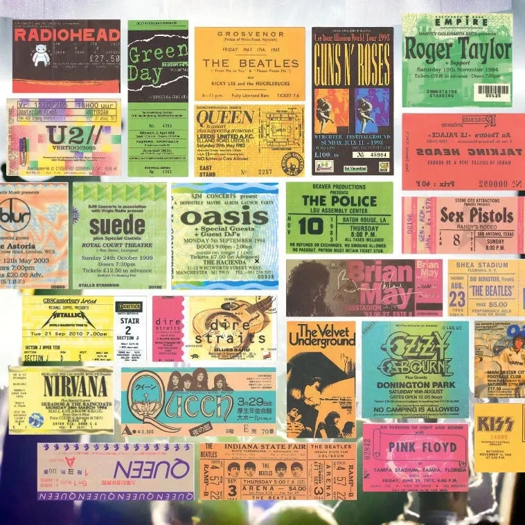 

40Pcs Rock and Roll Band Tickets Stickers INS Style High Value Retro PVC Waterproof Phone Case Niche Guitar Handbook Stickers