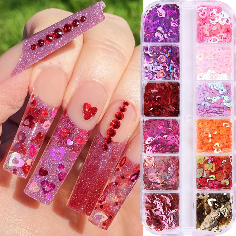 

12 Grids/box Mixed Color Nail Art Sequins Shiny Red Love Heart Butterfly Glitter Flakes Nail Supplies Decorations Accessories