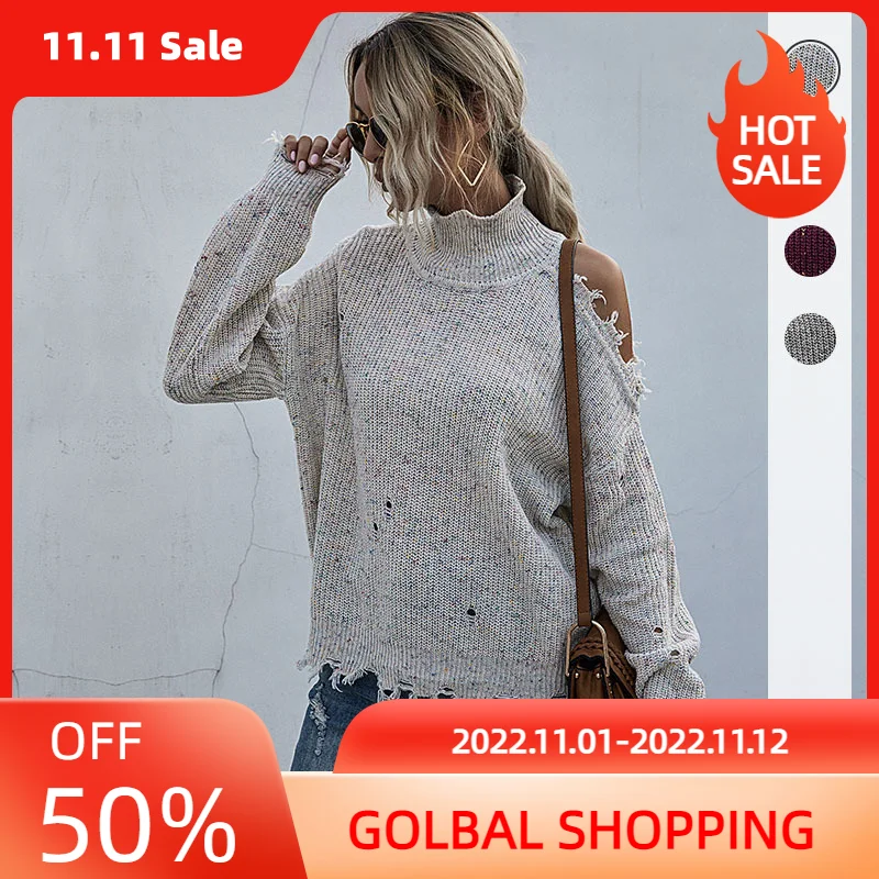 

Женская водолазка с открытыми плечами, рваный свитер, пуловер с необработанным подолом, однотонный осенний модный Свободный трикотажный св...