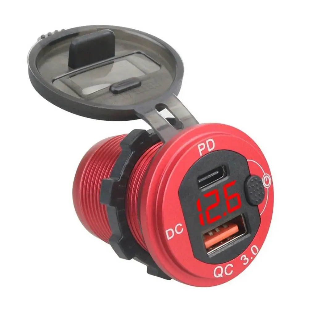 

12V Dual USB Car Fast Charger Socket Outlet LED Voltmeter Waterproof Adapter With Switch QC3.0+PD Dual USB Car Charger Socket