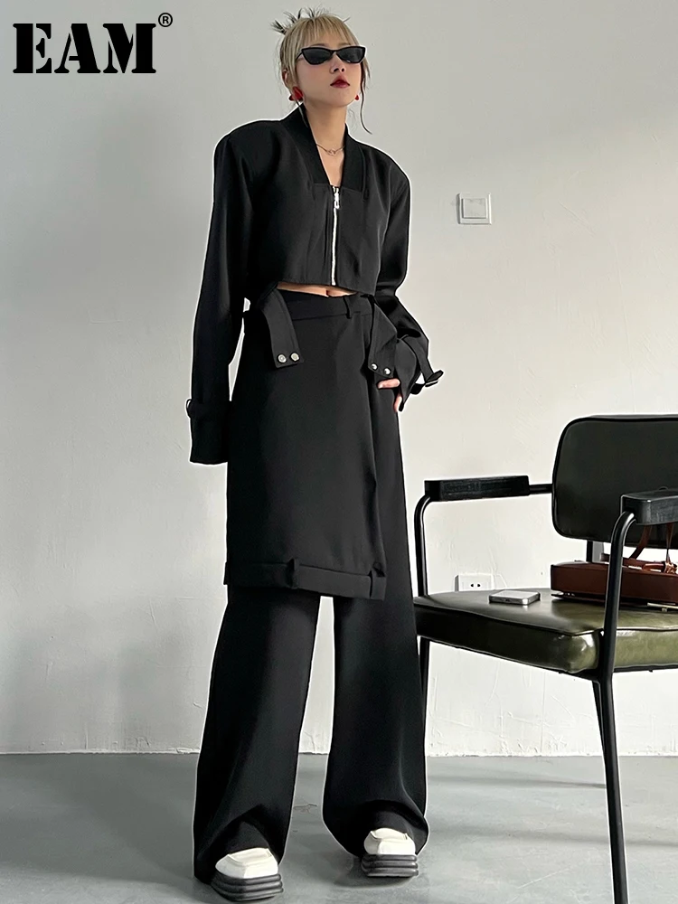 

[EAM] Wide Leg Pants Irregular Two Piece Suit New Lapel Long Sleeve Black Loose Fit Women Fashion Spring Autumn 2023 1DF0089