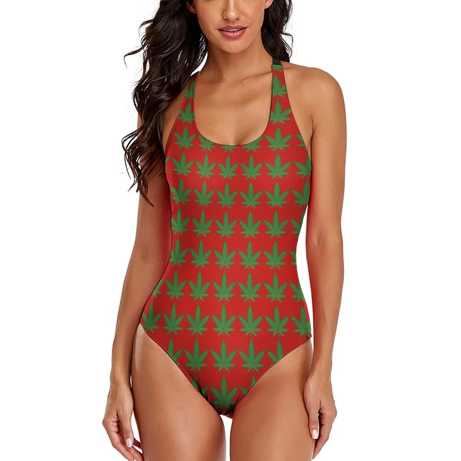 

Green Weed Leaf Swimsuit Red Christmas Gift Push Up Swimwear One Piece Sleeveless Bathing Suits Sexy Vintage Bodysuit Plus Size