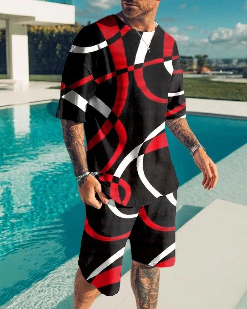 

New Summer Fashion Men's 2 Piece Set Tracksuits Casual Short Sleeves Print T-shirt+shorts Pants Suits Camisetas Ropa Hombre