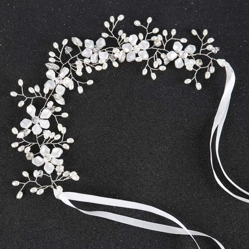 

High Quality White Flower Bridal Tiara Headband with Ribbon Wedding Hair Jewelry Crown Women Accessories LL@17
