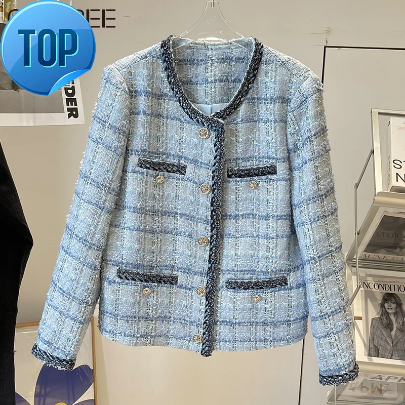 

2023 Vintage Blue Jaqueta Feminina Luxury Designer Winter Clothes Korean Fashion Tweed Jackets for Women Elegant Chaqueta Mujer