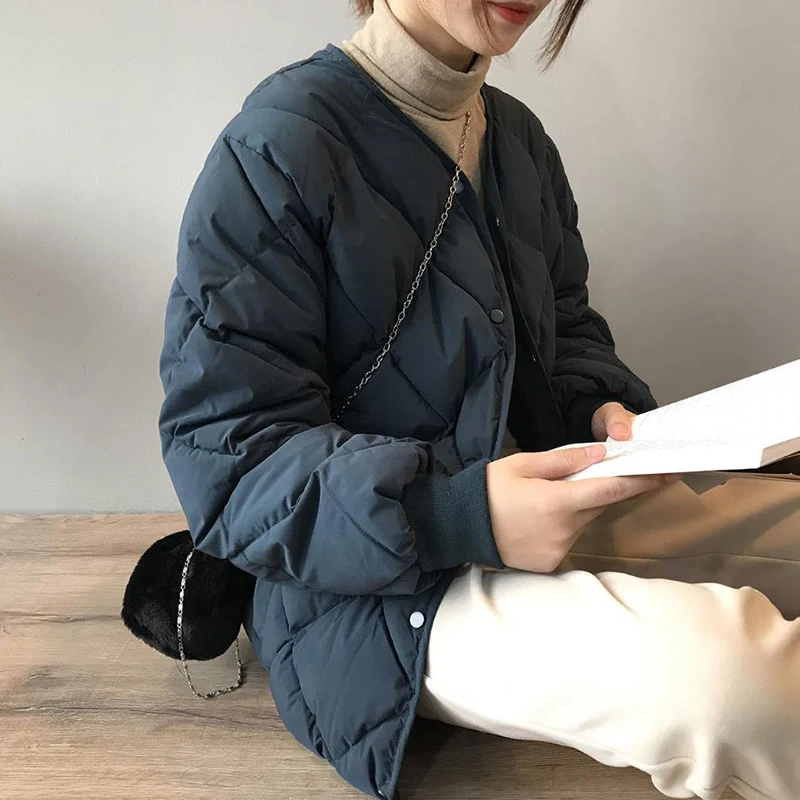 Women's Winter Solid Color Parka Coat Diamond Plaid Cotton Jacket Women's Korean Round Neck Thick Warm Bread Coat Women Coat