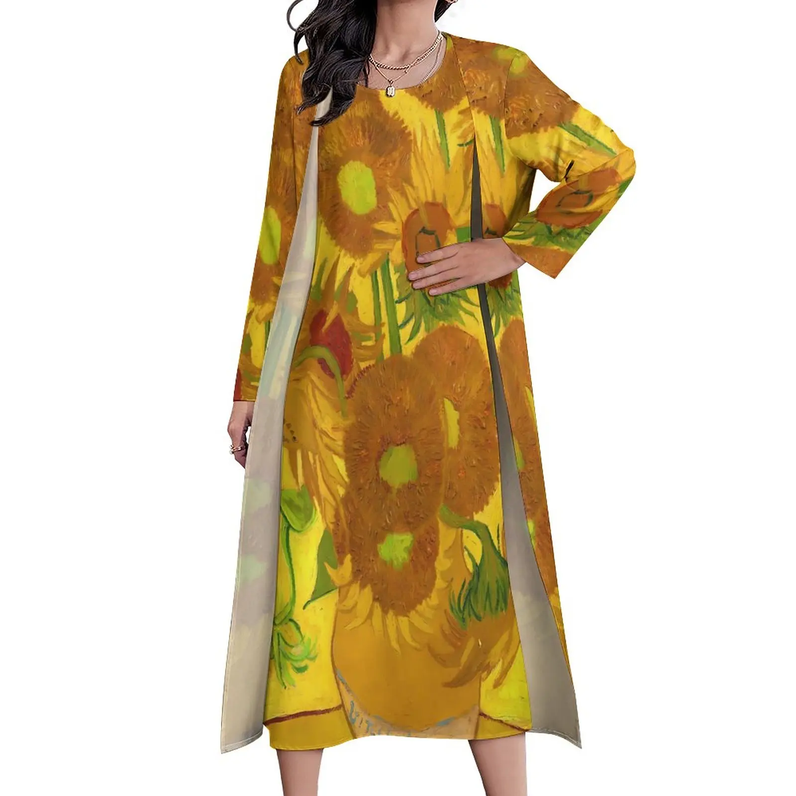 

Sunflowers In A Vase Dress Van Gogh Fine Art Party Maxi Dress Aesthetic Bohemia Long Dresses Spring Long Sleeve Custom Vestidos