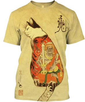 Japan Samurai Cat Print Men's T Shirts Street Trend Women Casual Tees Summer Fashion O-neck Short Sleeve Tops Oversized Clothing 6