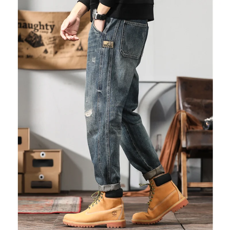 Streetwear Men Pattern Hole Patch Jeans Loose Recreational Straight Cylinder Blue Temperament Trousers Autumn Female 2022 New